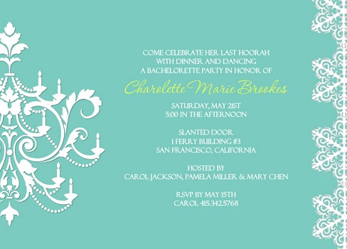 Aqua Lace Bachelorette Party Invitation