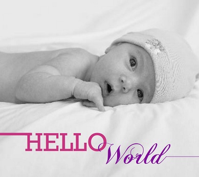 Pink and Purple Hello World Photo Girl Baby Announcement