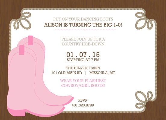 Dancing Boots Brown And Pink Birthday Party Invitation Dancing Boots Brown And Pink Birthday Party Invitation