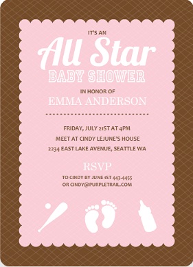 Brown And Pink Baseball Girl Baby Shower Invite