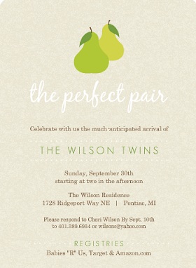 Green And Tan Perfect Pair Twin Baby Shower Invitation