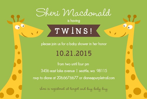 Green Giraffe Twin Baby Shower Invitation Green Giraffe Twin Baby Shower Invitation